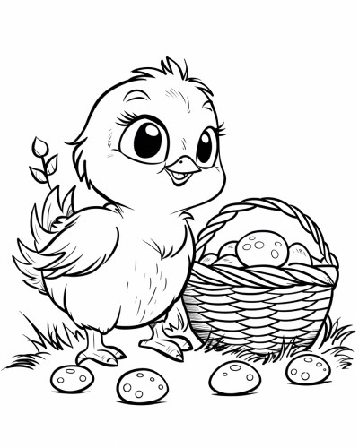 coloring page of an Easter chick and a basket of eggs