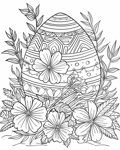coloring page of an Easter egg and flowers