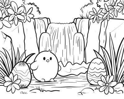 coloring page of Easter eggs by a waterfall