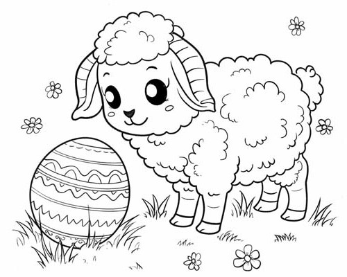 coloring page of an Easter lamb and an Easter egg