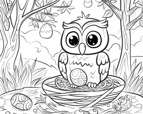 coloring page of an owl with an Easter egg in her nest