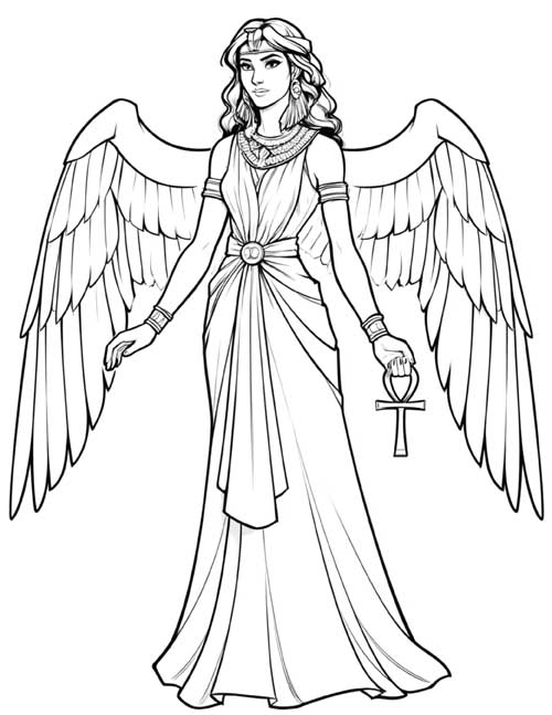 sketch coloring page of Isis with wings, holding an ankh. Full length. Modestly dressed.