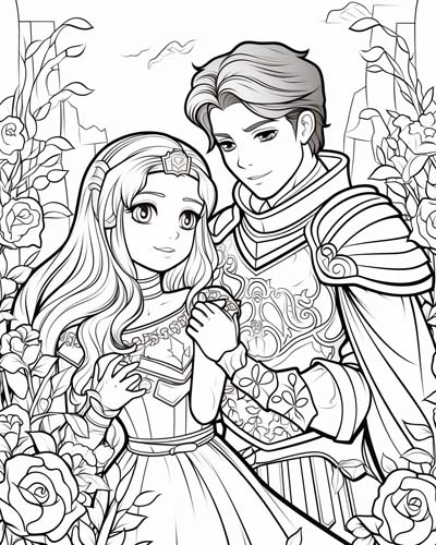 coloring page of Lancelot and Guinevere together in a garden