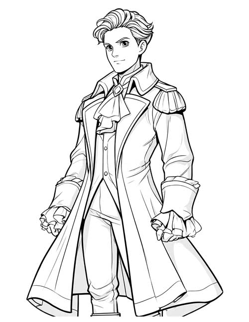 Coloring page of the prince from Beauty and the Beast in a long coat