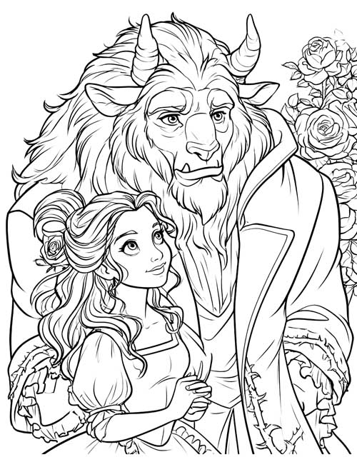 Coloring page of the Beast with his arm around Belle