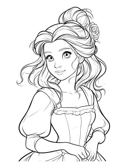 Coloring page of Belle from Beauty and the Beast with a rose in her hair