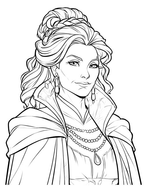 Coloring page of the enchantress from Beauty and the Beast in a high-collared cloak and pearls