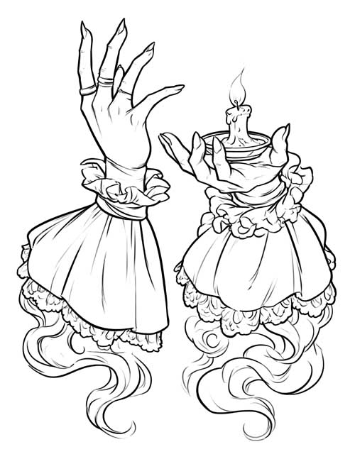 Coloring page of two floating ghostly hands, one holding a candle