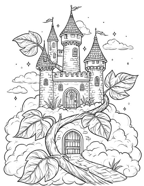 Coloring page of the giant's castle on a cloud with the beanstalk winding up to the door