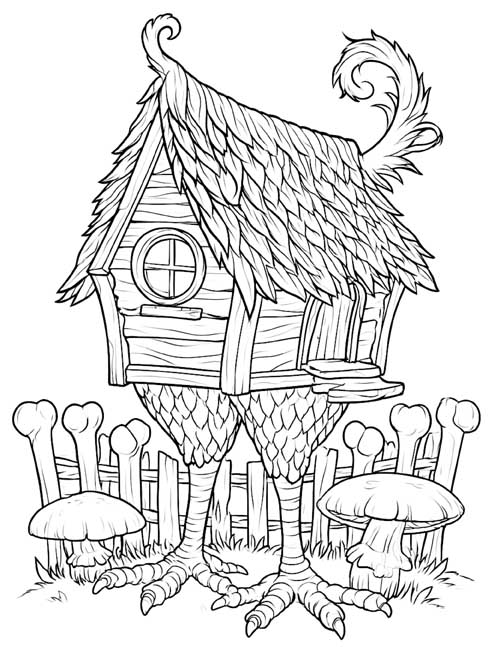 Cartoon coloring page of Baba Yaga's hut on chicken legs behind a fence of bones