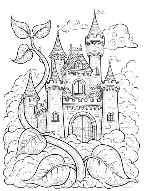 Coloring page of the giant's castle in the clouds at the top of the beanstalk
