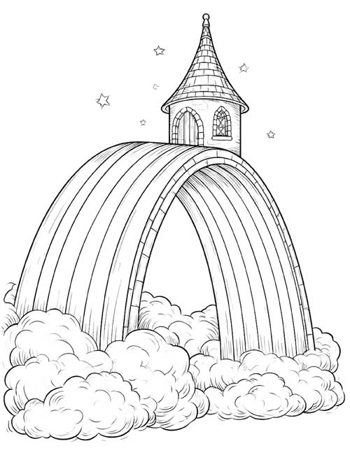 Coloring page of the Bifrost rainbow bridge rising from the clouds to a small tower