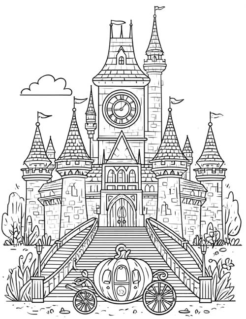 Coloring page of Cinderella's castle with a clock tower and a pumpkin coach on the stairs