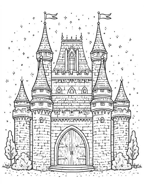Coloring page of a prince's castle with tall towers and flags