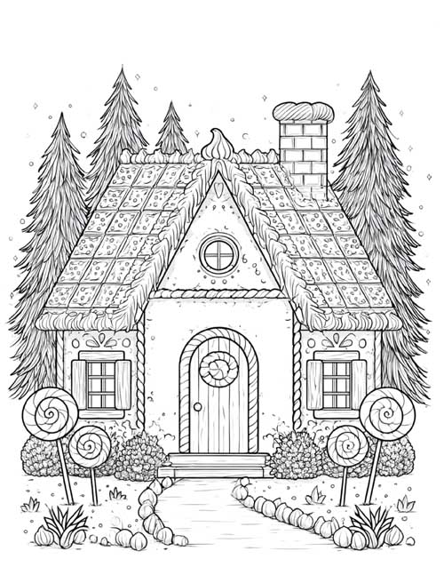 Coloring page of the candy house from Hansel and Gretel in the pine woods