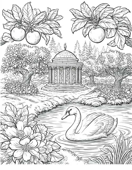 Coloring page of a swan on a pond in the apple orchards of Avalon