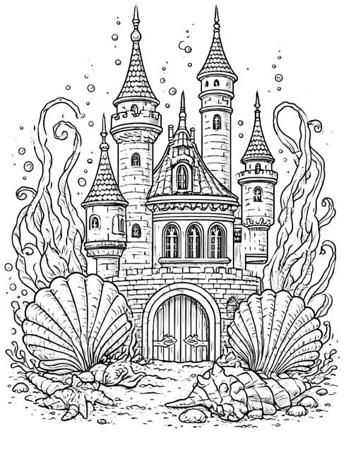 Coloring page of the sea king's palace under the sea with giant shells and seaweed