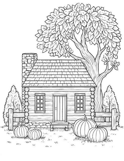 Coloring page of a log cabin with a stone chimney and pumpkins in the yard