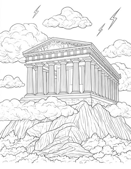 Coloring page of a Greek temple on top of Mount Olympus with lightning and clouds