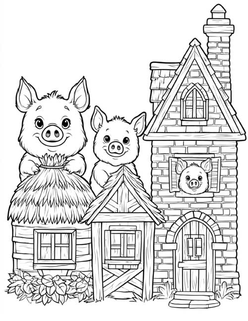 Coloring page of the three little pigs peeking out of their straw, stick and brick houses