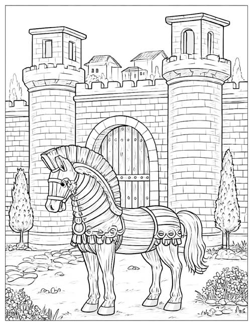 Coloring page of the Trojan horse outside the walls of Troy