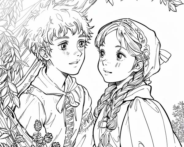 coloring page of Hansel and Gretel in the forest