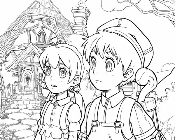 coloring page of Hansel and Gretel in the forest