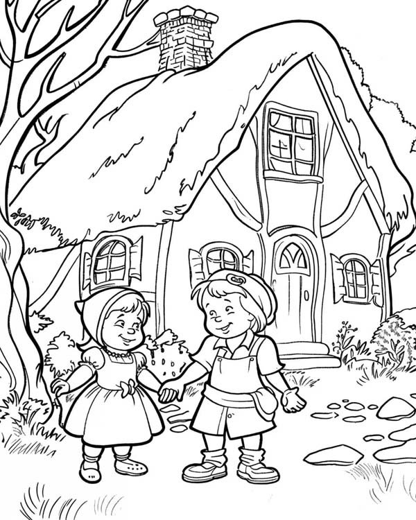 coloring page of Hansel and Gretel in the forest