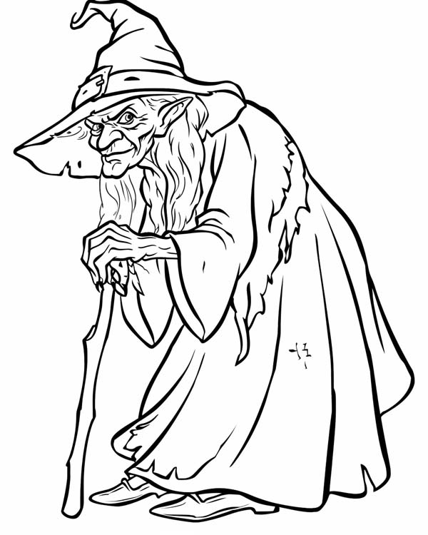 coloring page of witch in the woods