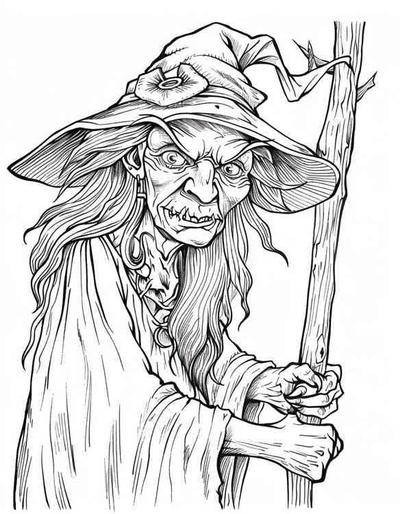 coloring page of witch in the woods