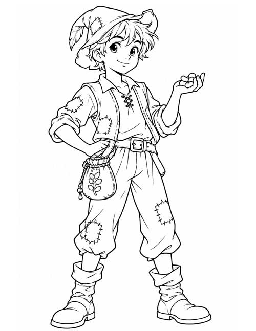 Coloring page of Jack in a patched hat, vest and trousers with a little pouch on his belt, holding out one hand