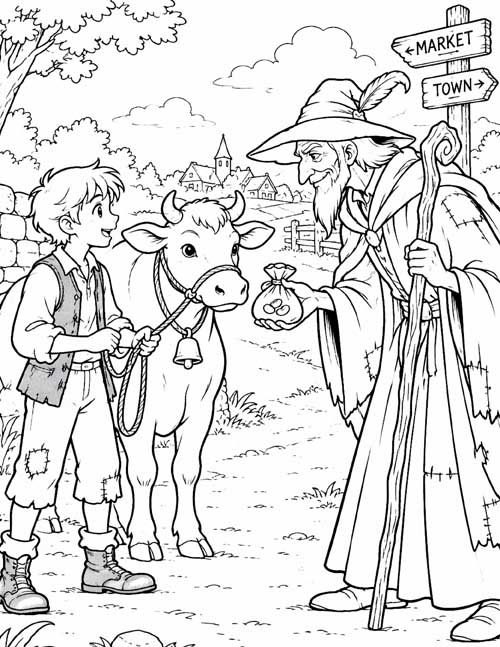 Coloring page of Jack leading his cow along a country road while an old man in a feathered hat holds out a small pouch