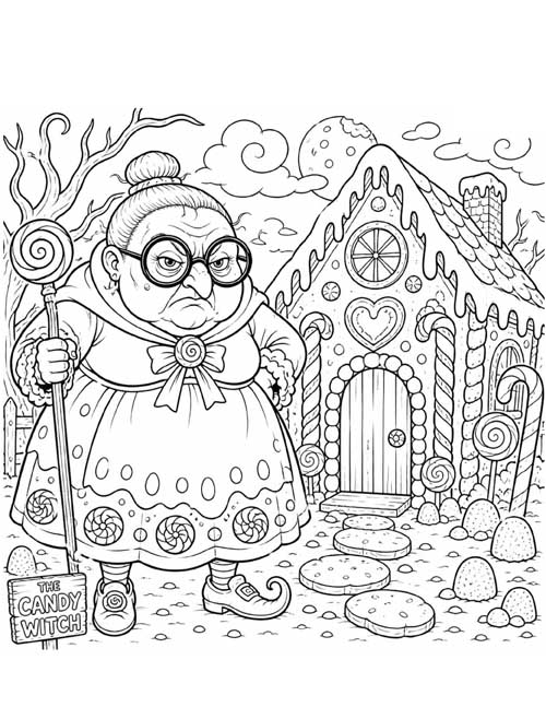 Detailed coloring page of the grumpy candy witch with her lollipop cane outside her gingerbread house