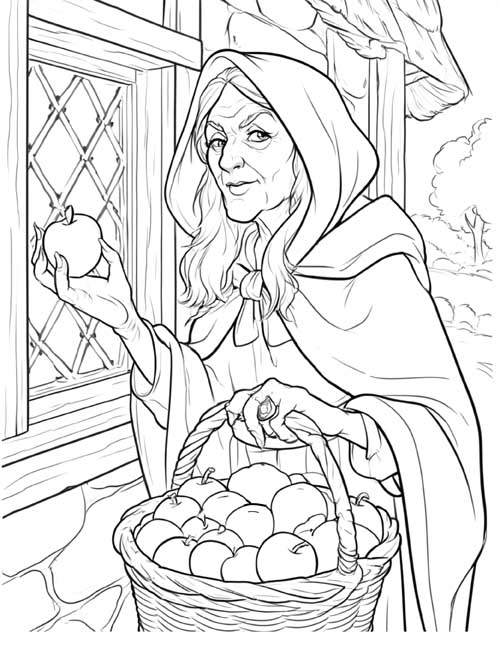 Detailed coloring page of Snow White's stepmother disguised as an old woman, holding up an apple at the window