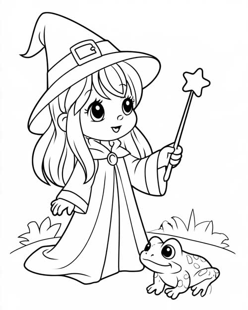 Preschool coloring page of a little witch pointing her star wand at a smiling frog