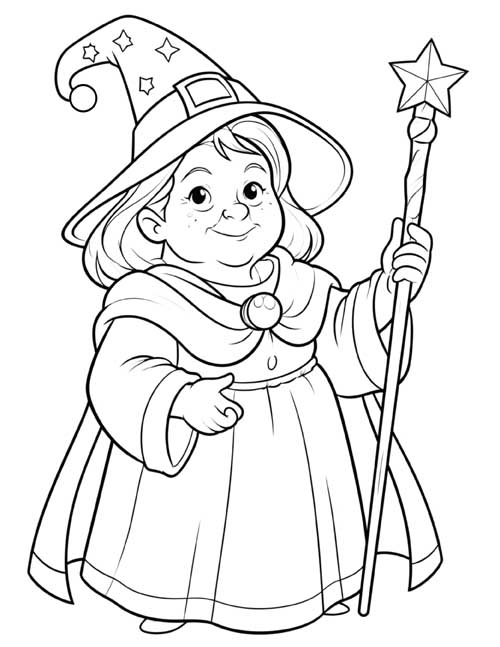 coloring page of a smiling fairy godmother in a starry hat holding a star-topped staff