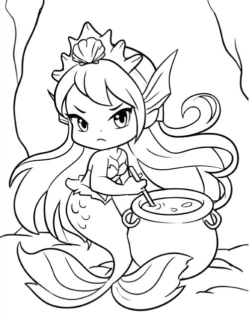 Preschool coloring page of a young, grumpy sea witch stirring her cauldron