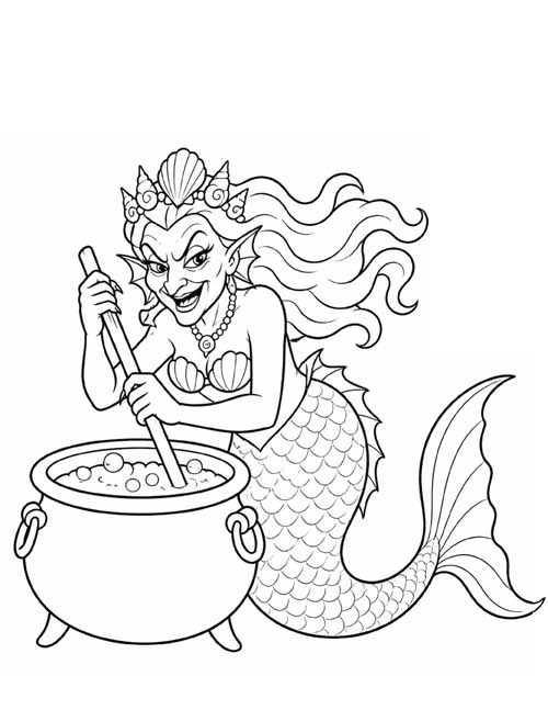 Coloring page of the sea witch grinning as she stirs a bubbling cauldron