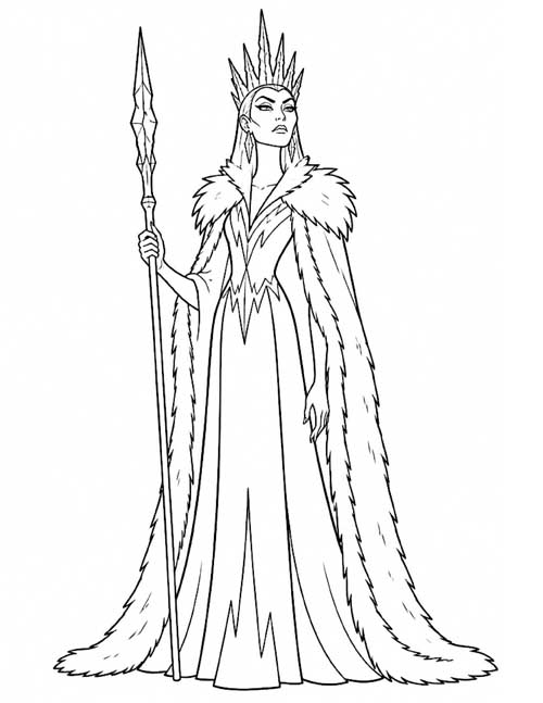 Coloring page of the Snow Queen in an icicle crown and long fur cloak holding an ice staff
