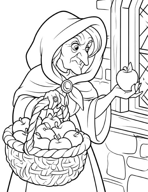 Cartoon coloring page of Snow White's stepmother as an old pedlar with a basket of apples