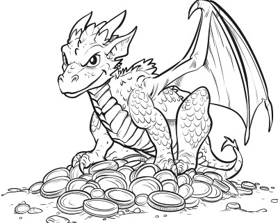 coloring page of a dragon sitting on his treasure hoard