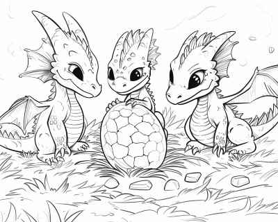 coloring page of three baby dragons