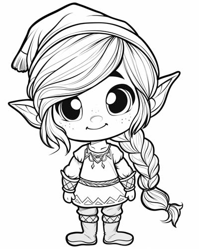 coloring page of a cute female Christmas elf