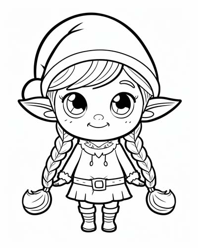 coloring page of a cute female Christmas elf