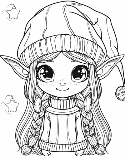coloring page of a natural looking elf wearing a sweater