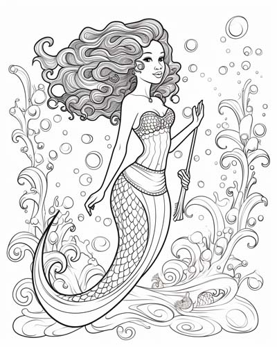 coloring page of a mermaid under the sea 