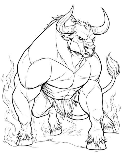 comic book coloring page of the minotaur on all fours, ready to charge