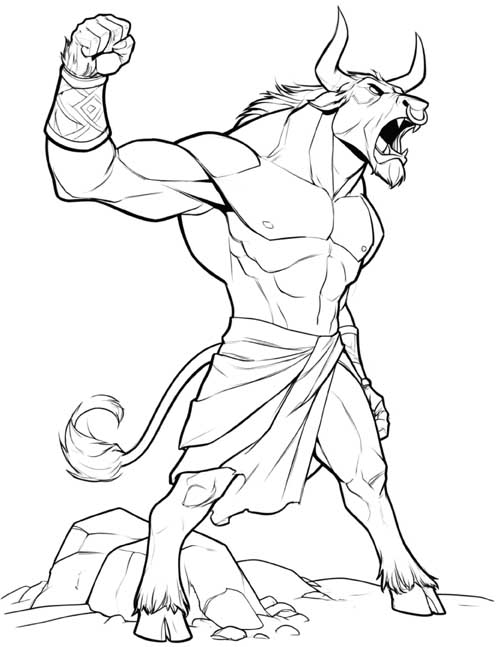 coloring page of the Minotaur roaring with his fist raised