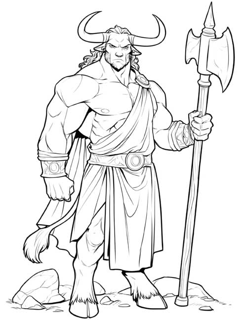 coloring page of the Minotaur holding an axe