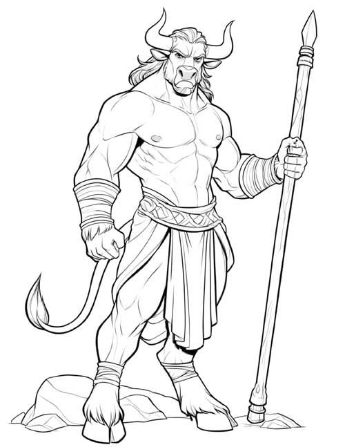 coloring page of the Minotaur holding a spear